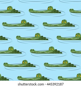 Crocodile in water seamless pattern. Large alligator in swamp ornament. Cute caimans head in pond background. Wild African animal texture. Big river reptiles. Huge Africa predator. Tropical beast