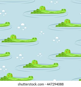 Crocodile in water seamless pattern. Large alligator in swamp ornament. Cute caimans head in pond background. Wild African animal texture. Big river reptiles. Huge Africa predator. Tropical beast