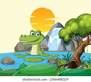 Crocodile in water with sunset and waterfall