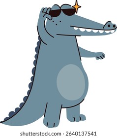 A crocodile wearing sunglasses stands confidently in a cartoon style. The reptile exudes charm and humor with its stylish pose. Cartoon vector illustration.