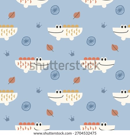 Crocodile white background. On leaf crown light blue background. Pattern seamless vector illustration. 
