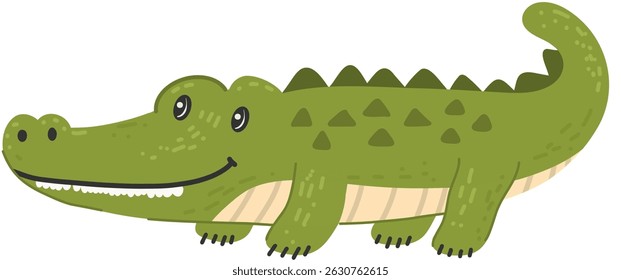 Crocodile wild animal with friendly smile in hand drawn, doodle style. Suitable for safari and jungle themed designs. White background.