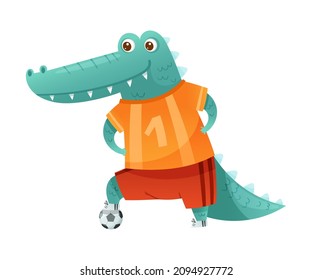 Crocodile wild animal playing soccer. Cute football mascot in sports uniform cartoon vector illustration