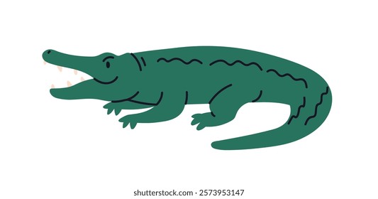 Crocodile, wild reptile animal. Tropical alligator, carnivore with open mouth, teeth, tail. Exotic gator predator in profile. African fauna, croc. Flat vector illustration isolated on white background