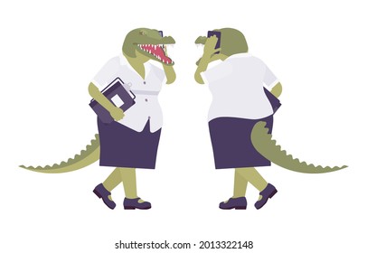Crocodile woman, green reptile, animal head, tail human with smartphone. Aggressive dangerous person with powerful jaws, teeth, wild predator. Vector flat style cartoon illustration, front, rear view
