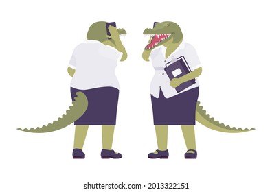 Crocodile woman, green reptile, animal head, tail human with smartphone. Aggressive dangerous person with powerful jaws, teeth, wild predator. Vector flat style cartoon illustration, front, rear view
