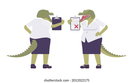 Crocodile woman, green reptile, animal head, tail human, not approved. Aggressive dangerous person with powerful jaws, teeth, wild predator. Vector flat style cartoon illustration, front and rear view