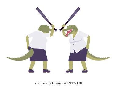Crocodile woman, green reptile, animal head, tail human with bat. Aggressive dangerous person with powerful jaws, teeth, wild predator. Vector flat style cartoon illustration, front and rear view