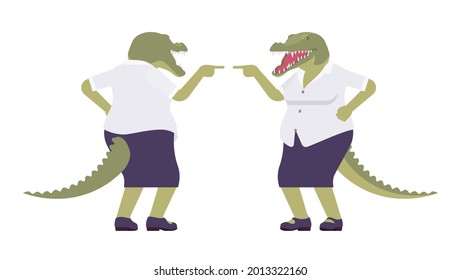 Crocodile woman, green reptile lady, animal head, tail human mocking. Aggressive dangerous person with powerful jaws, teeth, wild predator. Vector flat style cartoon illustration, front and rear view