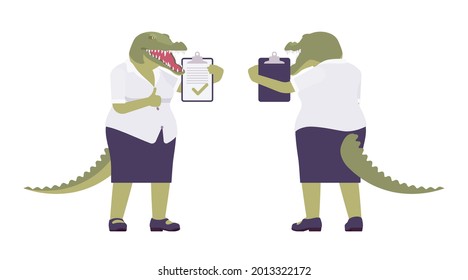 Crocodile woman, green reptile lady, animal head, tail human, approve. Aggressive dangerous person with powerful jaws, teeth, wild predator. Vector flat style cartoon illustration, front and rear view