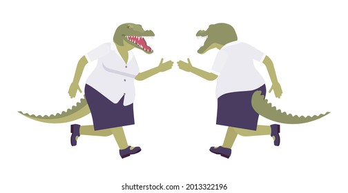 Crocodile woman, green reptile lady, animal head, tail human running. Aggressive dangerous person with powerful jaws, teeth, wild predator. Vector flat style cartoon illustration, front and rear view