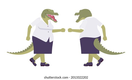 Crocodile woman, green reptile lady, animal head, tail human walking. Aggressive dangerous person with powerful jaws, teeth, wild predator. Vector flat style cartoon illustration, front and rear view