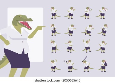 Crocodile woman, green reptile lady, animal head, tail character set. Aggressive dangerous businesswoman with jaws, teeth, wild predator. Full length, different views, gestures, emotions, position