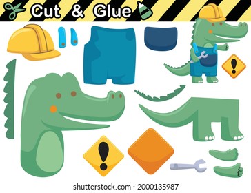 Crocodile in worker costume with monkey wrench. Education paper game for children. Cutout and gluing. Vector cartoon illustration