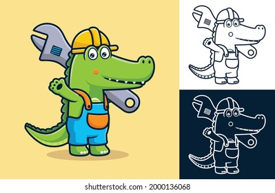 Krokodil, die eine Arbeiter-Uniform trägt und dabei große Affenschlüssel trägt. Vektorgrafik-Illustration im Stil einer flachen Symbolfigur