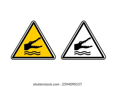 Crocodiles, alligators, caimans warning sign. Vector illustration of yellow triangle sign with reptile head with open jaws. Caution wild dangerous animals. Danger zone. Risk of attack.