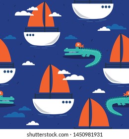 Crocodiles and boats, hand drawn seamless pattern. Marine background vector. Colorful illustration, overlapping backdrop. Decorative cute wallpaper, good for printing