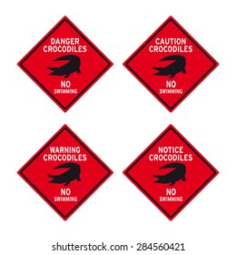 Crocodiles caution warning danger no swimming sign vector set