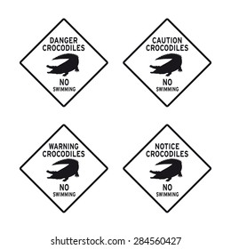 Crocodiles caution warning danger no swimming sign vector set