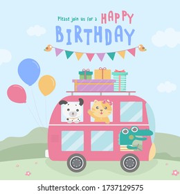 Crocodiles are driving, take cats and dogs, send gift boxes with vans.Animal happy birthday card design. vector illustrator. birthday party invitation.
