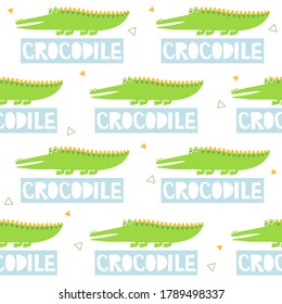 Crocodiles, english text, hand drawn backdrop. Colorful seamless pattern with animals. Decorative cute wallpaper, good for printing. Overlapping background vector. Design illustration