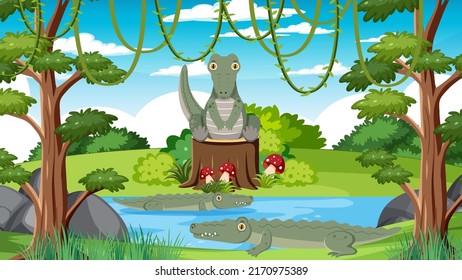 Crocodiles in the forest background illustration