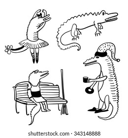 Crocodiles funny comic set outline cartoon vector illustration