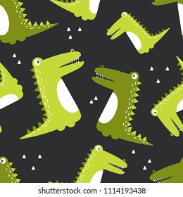 Crocodiles, hand drawn backdrop. Colorful seamless pattern with muzzles of animals. Decorative cute wallpaper, good for printing. Overlapping background vector. Design illustration