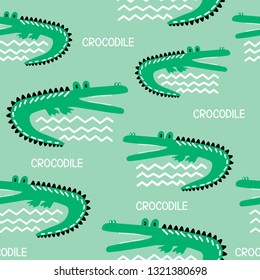 Crocodiles, hand drawn backdrop. Colorful seamless pattern with animals. Decorative cute wallpaper, good for printing. Overlapping background vector. Design illustration