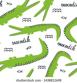 Crocodiles, hand drawn backdrop. Colorful seamless pattern with animals. Decorative cute wallpaper, good for printing. Overlapping background vector. Design illustration