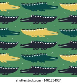 Crocodiles, hand drawn backdrop. Colorful seamless pattern with animals. Decorative cute wallpaper, good for printing. Overlapping background vector. Design illustration