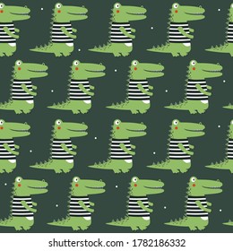 Crocodiles, hand drawn backdrop. Colorful seamless pattern with animals. Decorative cute wallpaper, good for printing. Overlapping background vector. Design illustration