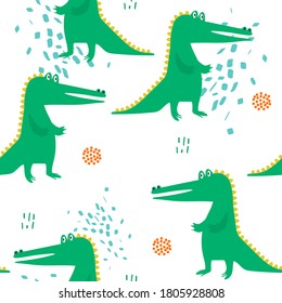 Crocodiles, hand drawn backdrop. Colorful seamless pattern with animals. Decorative cute wallpaper, good for printing. Overlapping background vector. Design illustration