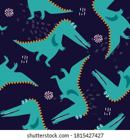 Crocodiles, hand drawn backdrop. Colorful seamless pattern with animals. Decorative cute wallpaper, good for printing. Overlapping background vector. Design illustration