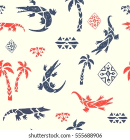 Crocodiles in the jungle. Hand drawn tribal ornamental texture. Vector seamless pattern.  Alligators, palms and graphic elements.