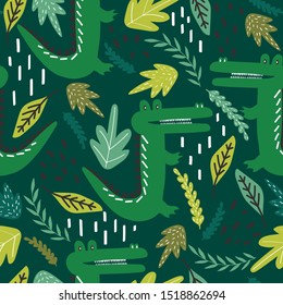 Crocodiles and leaves, hand drawn backdrop. Colorful seamless pattern with animals. Decorative cute wallpaper, good for printing. Overlapping background vector. Design illustration