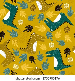 Crocodiles, leaves, hand drawn backdrop. Colorful seamless pattern with animals. Decorative cute wallpaper, good for printing. Overlapping background vector. Design illustration