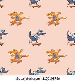 Crocodiles on skateboards seamless pattern