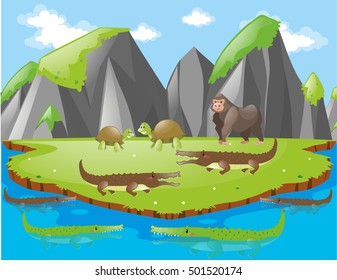 Crocodiles and other animals on island illustration