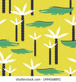 Crocodiles and palm trees, hand drawn backdrop. Colorful seamless pattern with animals. Decorative cute wallpaper, good for printing. Overlapping background vector. Design illustration