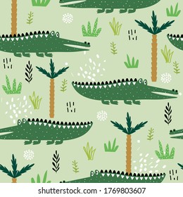 Crocodiles, palm trees, hand drawn backdrop. Colorful seamless pattern with animals. Decorative cute wallpaper, good for printing. Overlapping background vector. Design illustration, reptiles