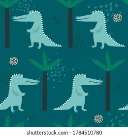 Crocodiles, palm trees, hand drawn backdrop. Colorful seamless pattern with animals. Decorative cute wallpaper, good for printing. Overlapping background vector. Design illustration, reptiles