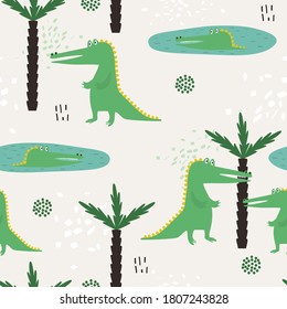 Crocodiles, palm trees, hand drawn backdrop. Colorful seamless pattern with animals. Decorative cute wallpaper, good for printing. Overlapping background vector. Design illustration, reptiles