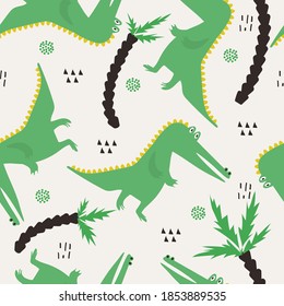 Crocodiles, palm trees, hand drawn backdrop. Colorful seamless pattern with animals. Decorative cute wallpaper, good for printing. Overlapping background vector. Design illustration, reptiles