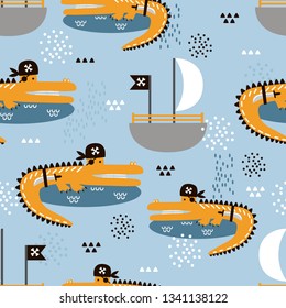 Crocodiles - pirates, boats, hand drawn backdrop. Colorful seamless pattern with animals. Decorative cute wallpaper, good for printing. Overlapping background vector. Design illustration