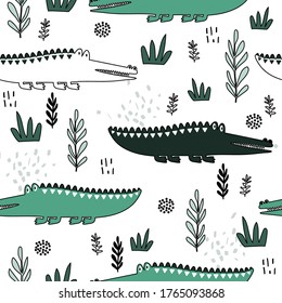 Crocodiles, plants, hand drawn backdrop. Colorful seamless pattern with animals. Decorative cute wallpaper, good for printing. Overlapping background vector. Design illustration, reptiles