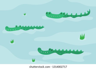 Crocodiles in the river. Crocodile in water. Vector illustration.