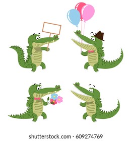 Crocodiles set isolated on white. Cartoon character with empty signboard, air balloons, with flowers in cute bow, and with wide opened mouth. Big reptiles vector illustration of friendly crocs