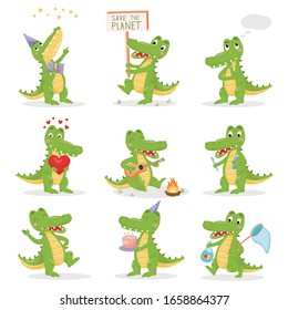 Crocodiles set on white isolated background. Acting and posing alligator illustrations. Flat simple character design