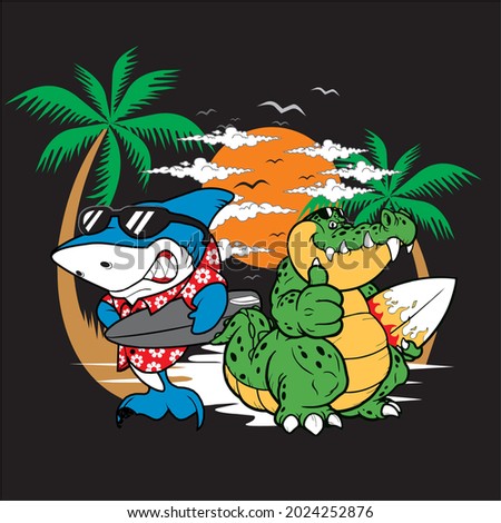 crocodiles and sharks surfing on a beautiful beach